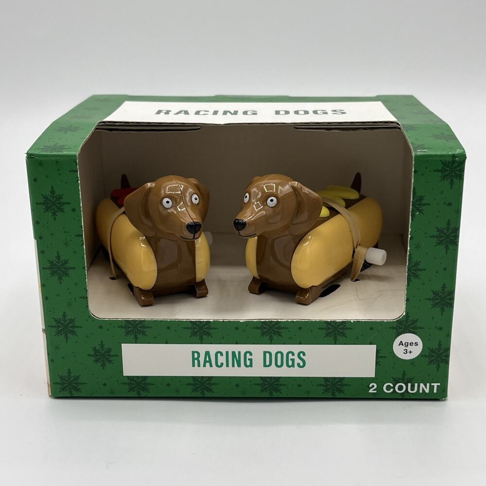 Festive Voice Racing Dogs Wind Up Toy Dachshund Hot Dog Novelty Gag Gift 2 Count